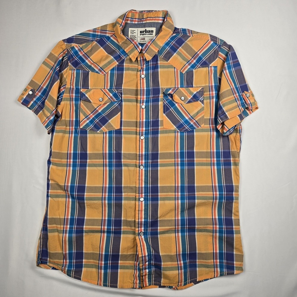 Urban Pipeline Shirt Mens L Button Up Pearl Snap Plaid Cowboy Western Rodeo‎